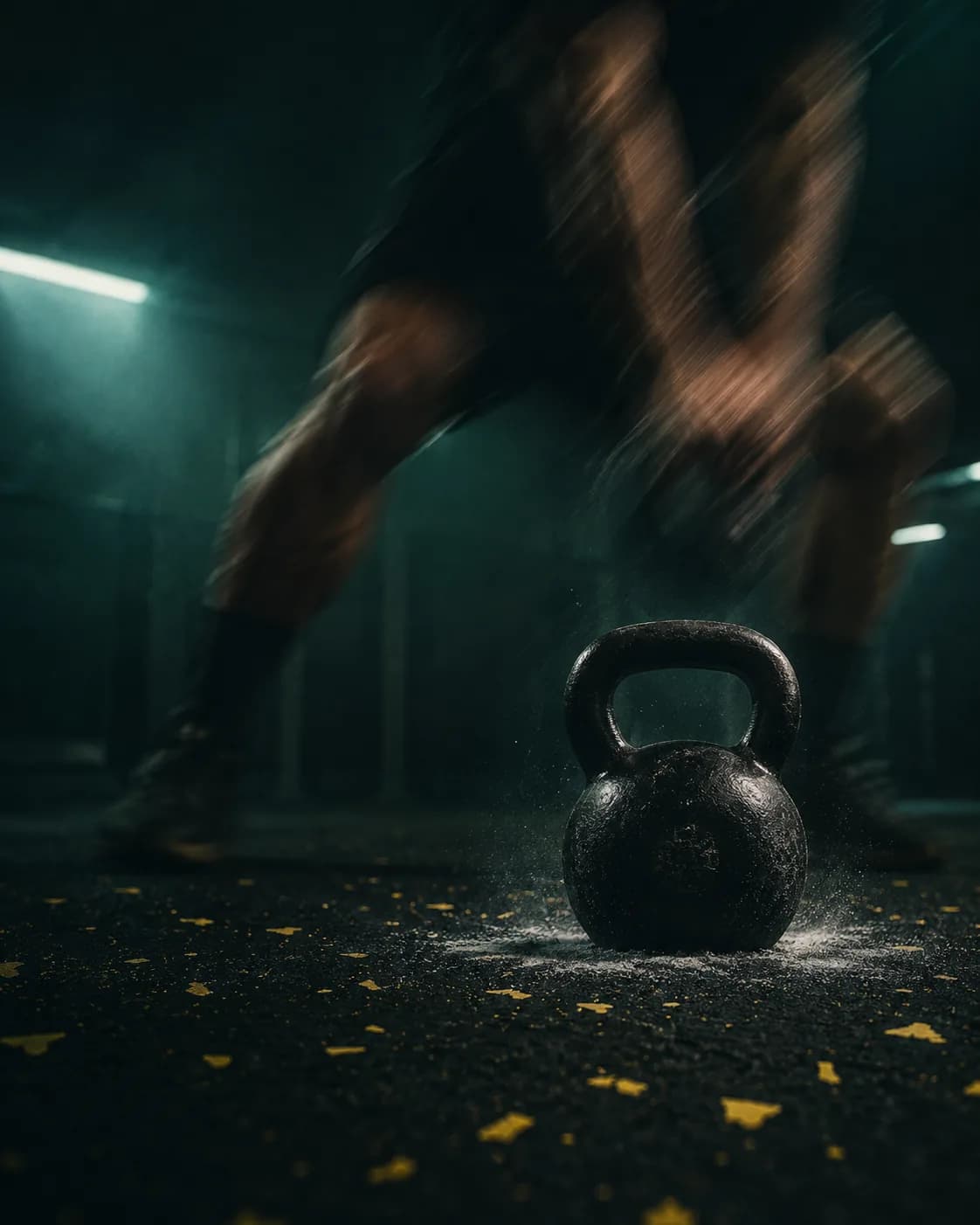 Un kettlebell et de la magnésie sur un sol en caoutchouc noir moucheté de jaune, un athlète flou en mouvement derrière.