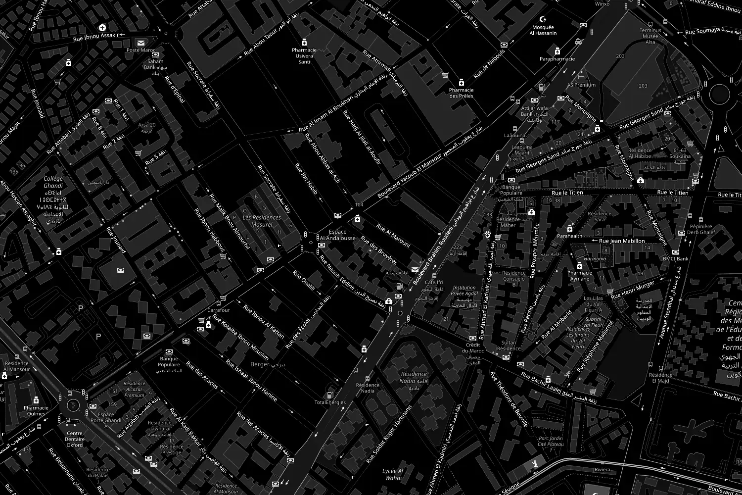 Plan du quartier Maârif Extension à Casablanca, autour de la rue des Bruyères.